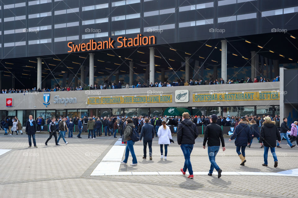 Swedbank Stadium arena in Malmö Sweden. Football game premiere with Malmö top team Malmö FF, start for the football season.