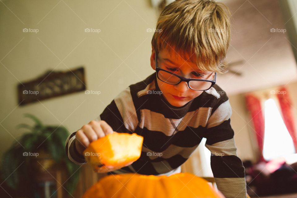 Boy looking into pumpkin . Child checking out the inside of a jack-lantern