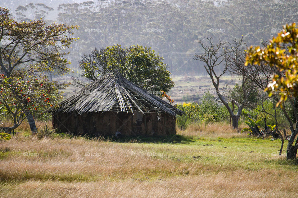 Old broken down Zulu grass house