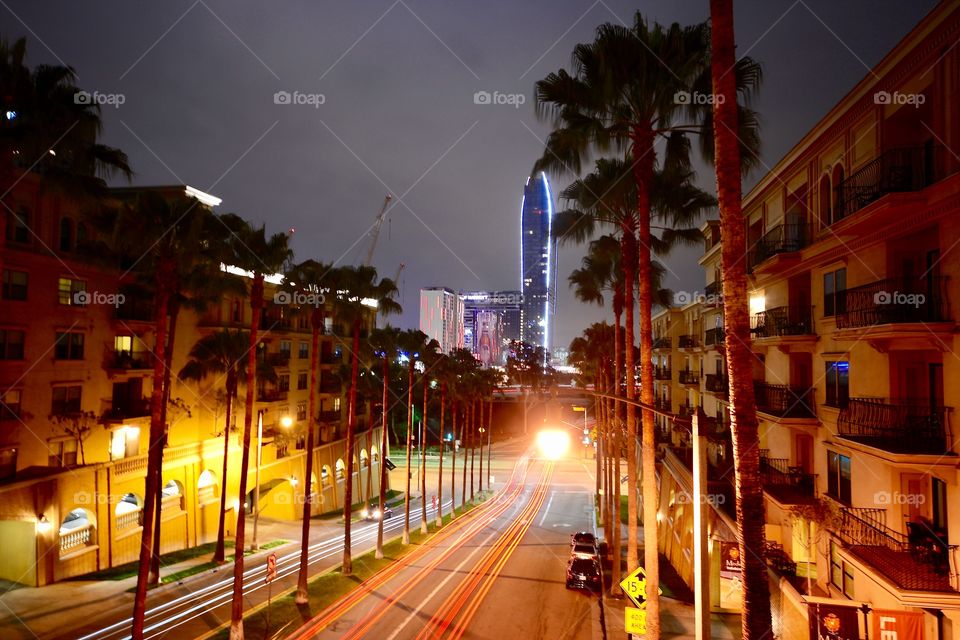 Downtown Los Angeles by night with light stripes 