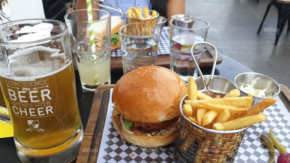Burger,fries,beer best combination 