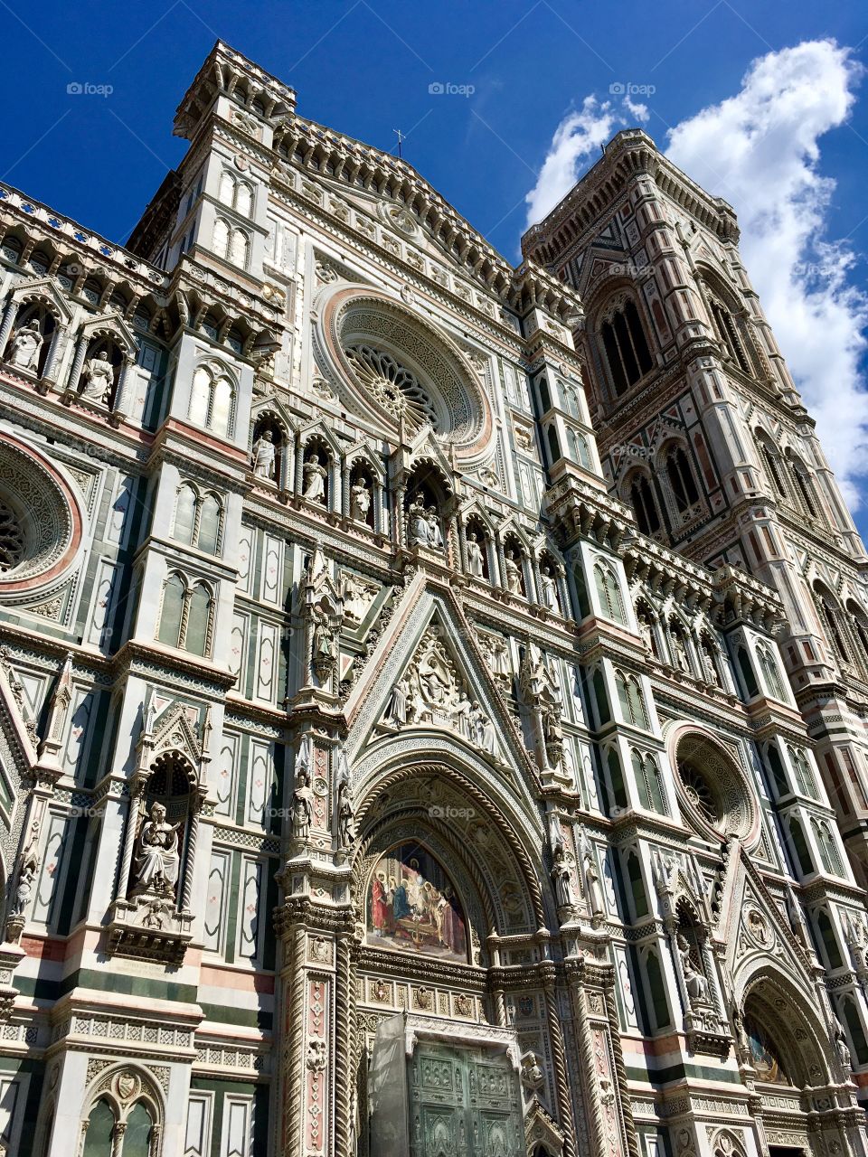 perspective view of the bell tower of Giotto with the cathedral of Santa Maria del Fiore, Florence