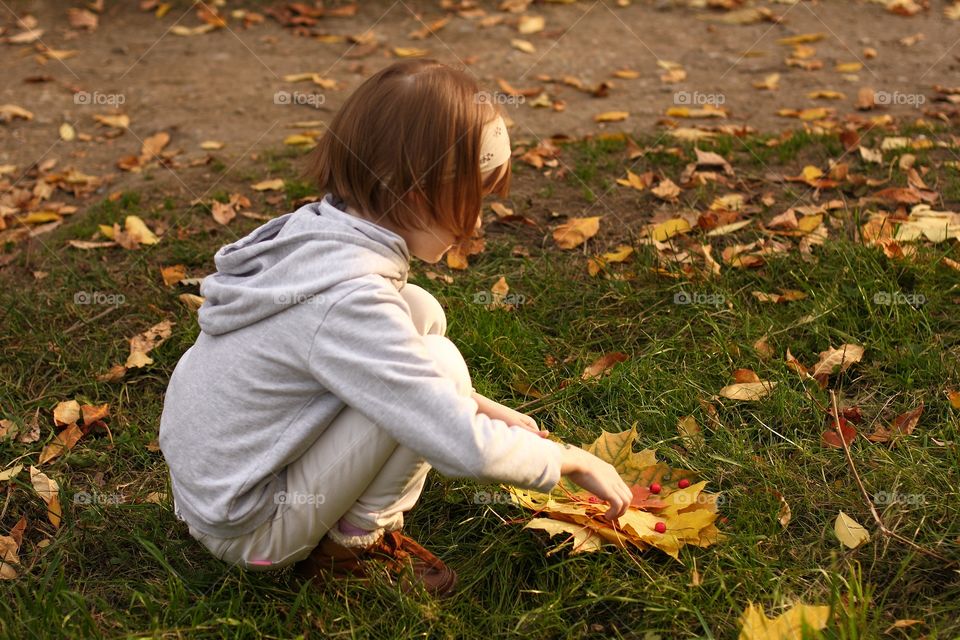 Little girl collects autumn leaves and berries in the park