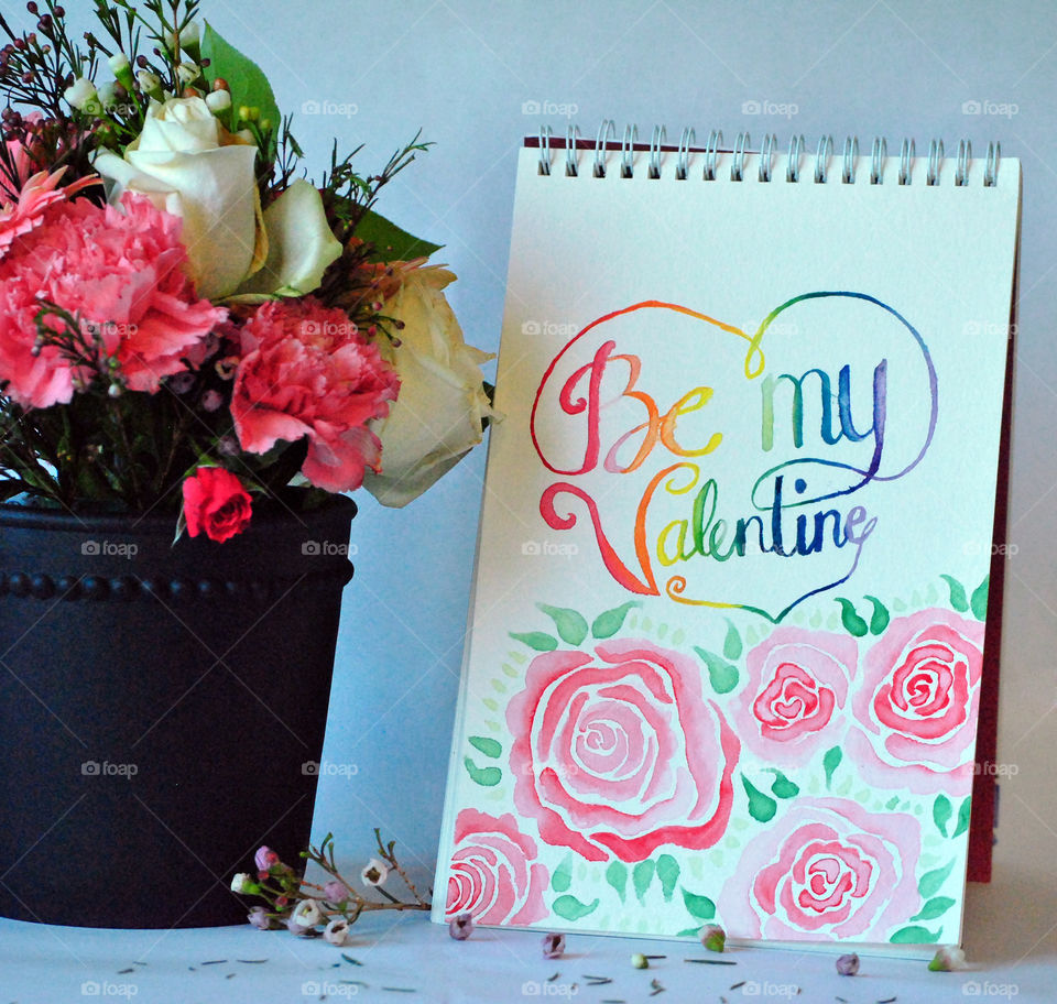 Be My Valentine, Hand painted card, rainbow, lettering, watercolor, floral centerpiece