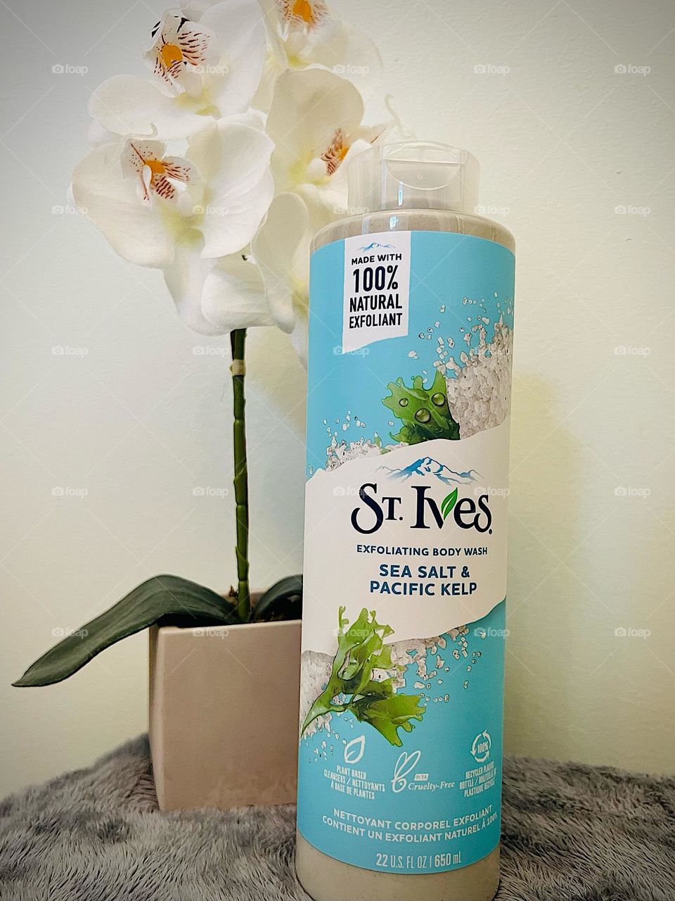 I love the clean, fresh smell of the St. Ives Sea Salt & Pacific Kelp exfoliating body wash.