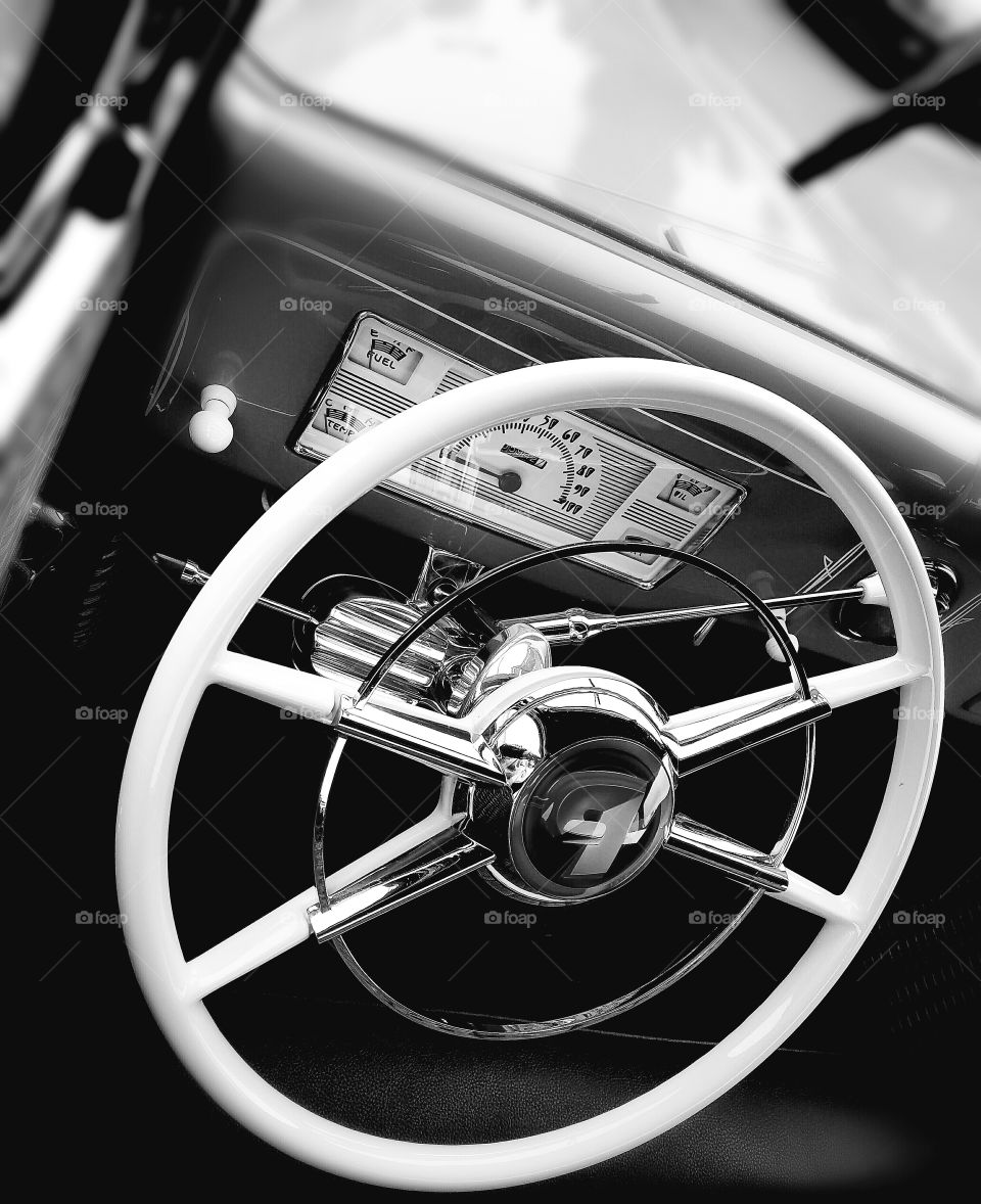 old classic car interior black white