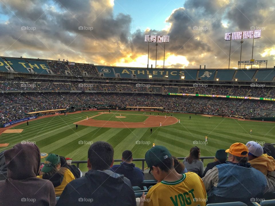 A stormy evening sky over the A’s baseball stadium in Oakland, Ca. 