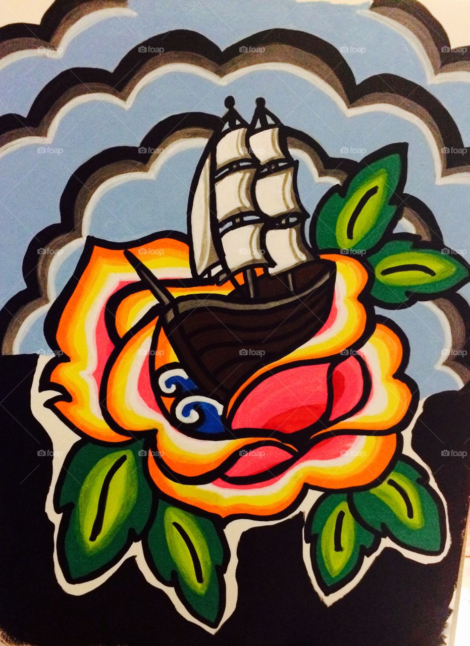 One of my original neo traditional tattoo flash art paintings of a clipper ship within a brightly colored rose.