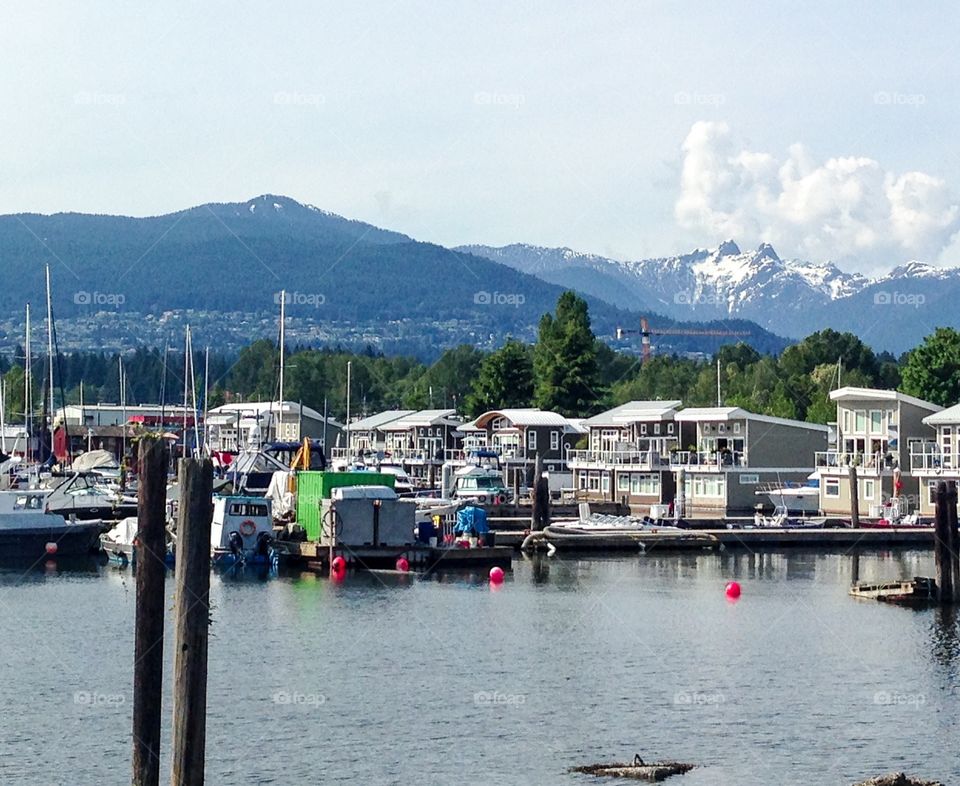 Houseboats floating homes nestled in cove marina in north Vancouver with view  backdrop of snowy west coast mountains