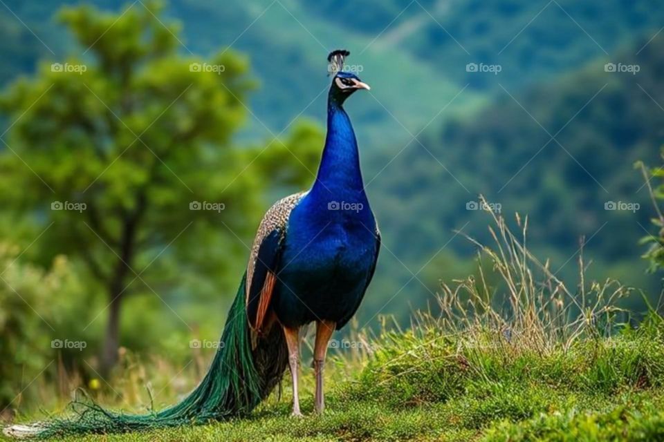 Beautiful peacock walking in forest nature beauty color bird awesome bright jungle.
