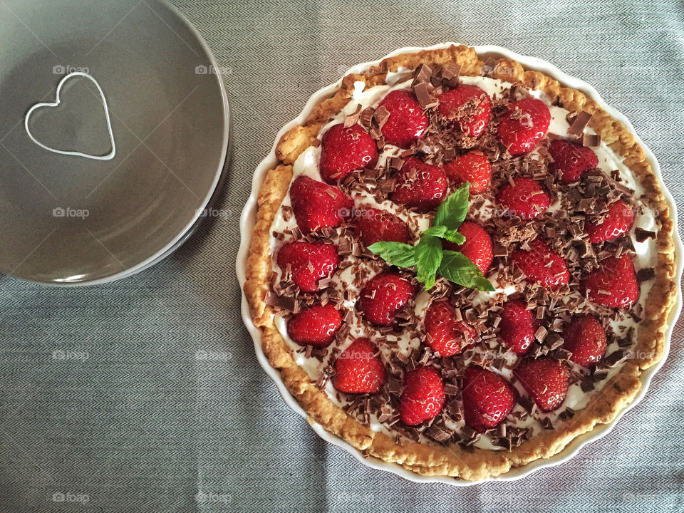 Close-up of strawberry cake in plate