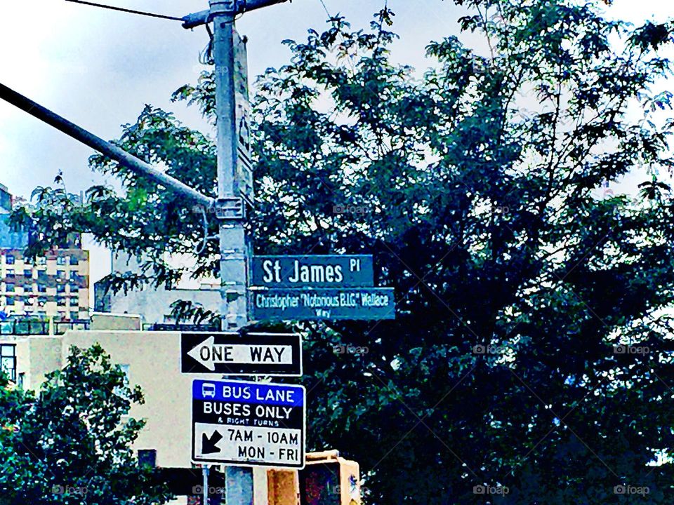 On an overcast afternoon in Fort Greenery, Bklyn “St James Pl” can be read on a sign above the traffic lights and in smaller letters beneath it “Christopher “Notorious BIG” Wallace Way”.to honor the famous rapper. 2020. Hypnotic Productions