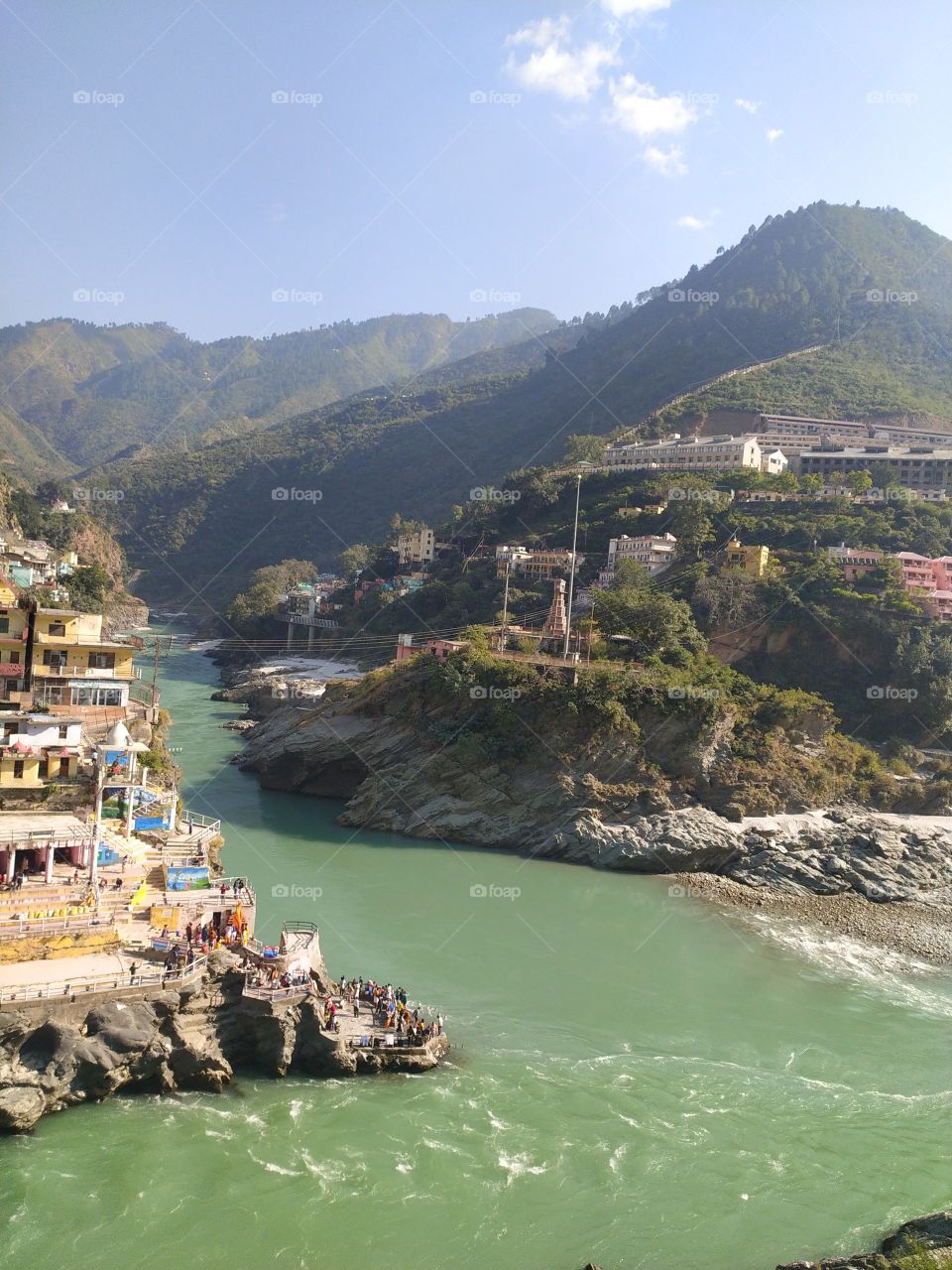 Confluence of Alaknanda and Bhagirath at Devprayagi to make the holy Ganga