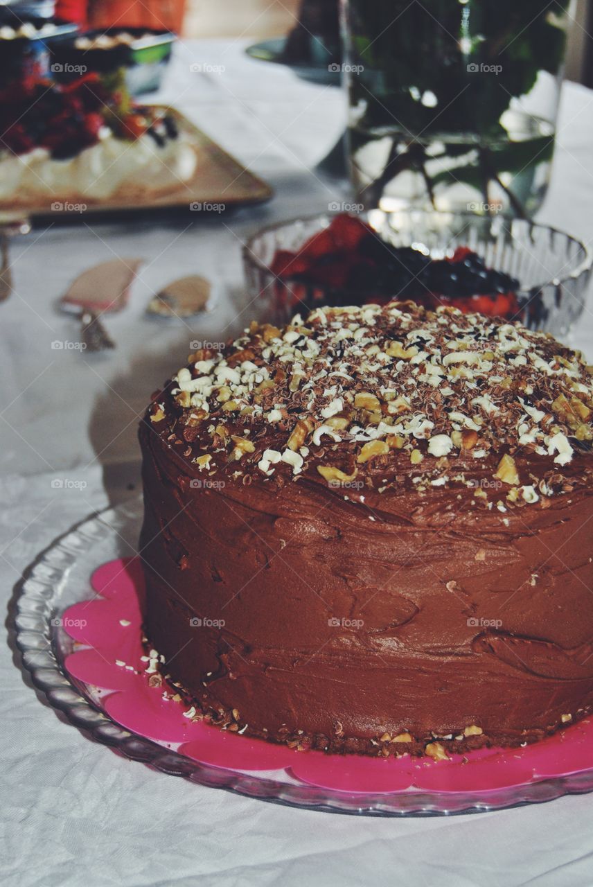 Tall Chocolate cake at dessert table