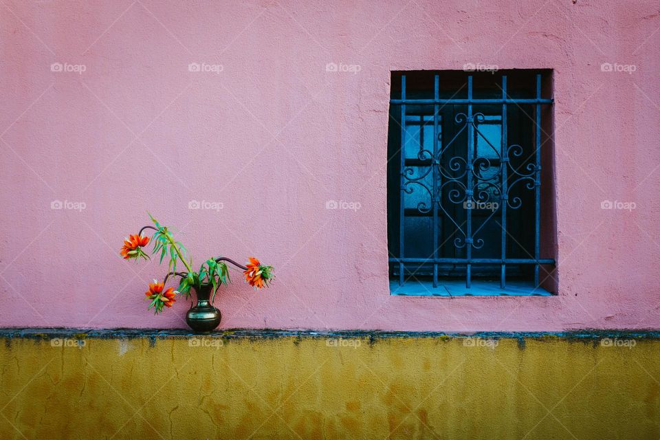 pink wall with blue window