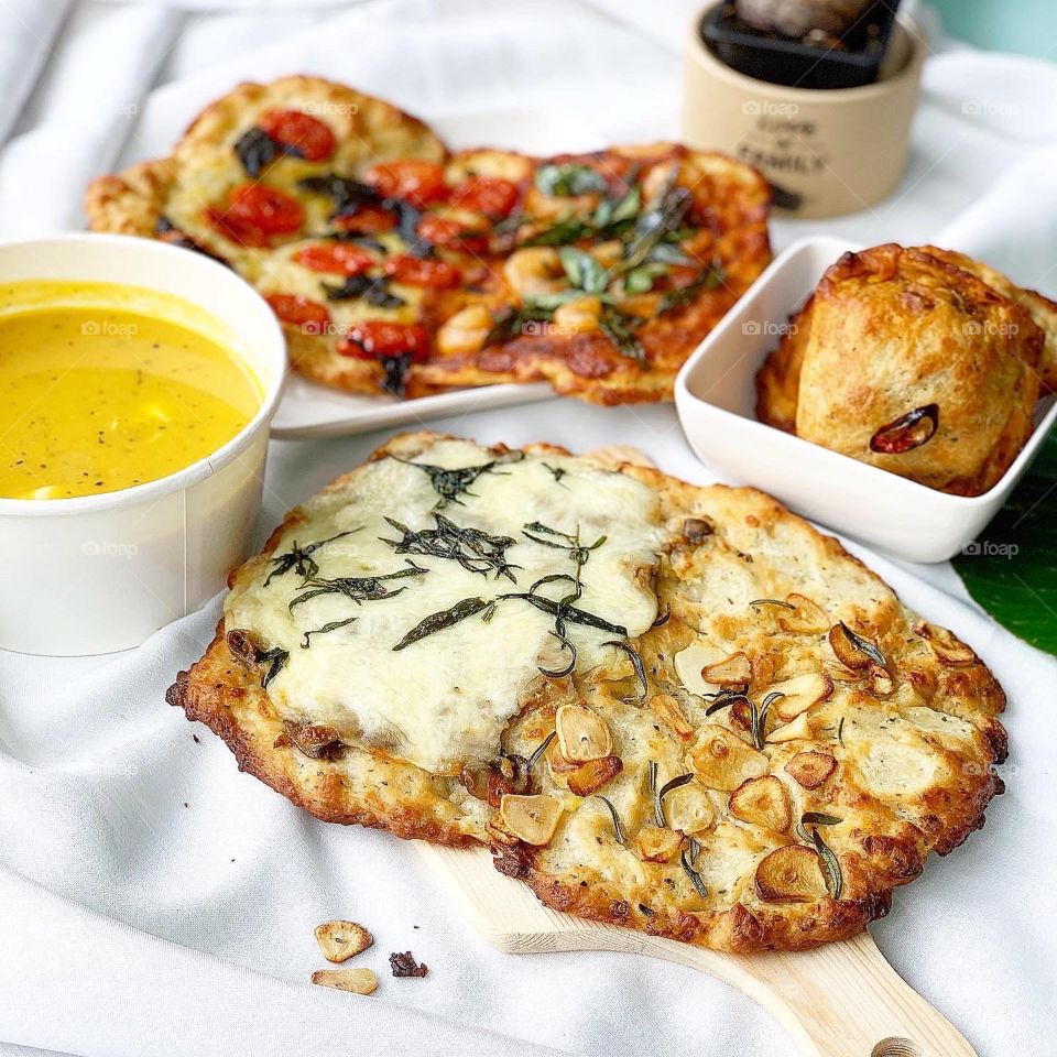 Focaccia, butternut squash soup and mini sardine calzone for Italian cuisine 
