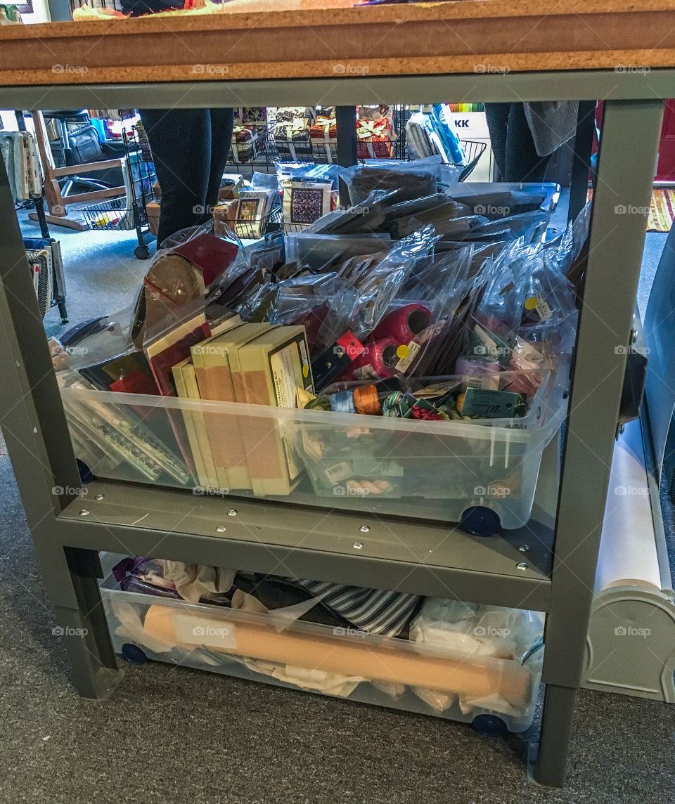 Supply cart in the sewing shop.  Everything you need to create something new in one spot 