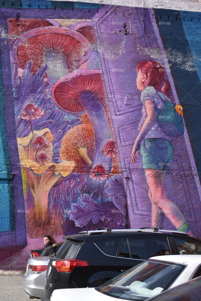 mural on side of building. girl walking through doorway into mystical place