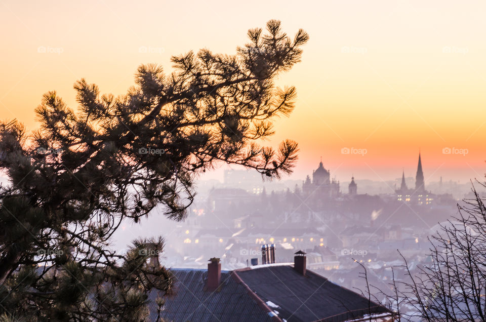 Lviv cityscape during the sunset