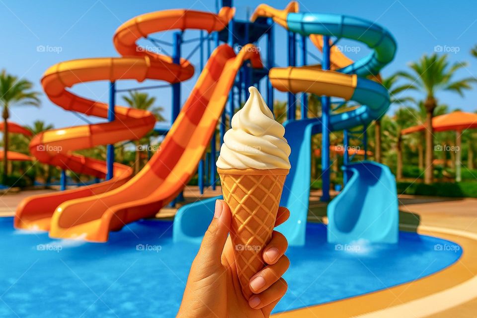 First-person view of holding vanilla soft serve ice cream cone at a colorful water park on a sunny summer day. Refreshing and joyful moment.