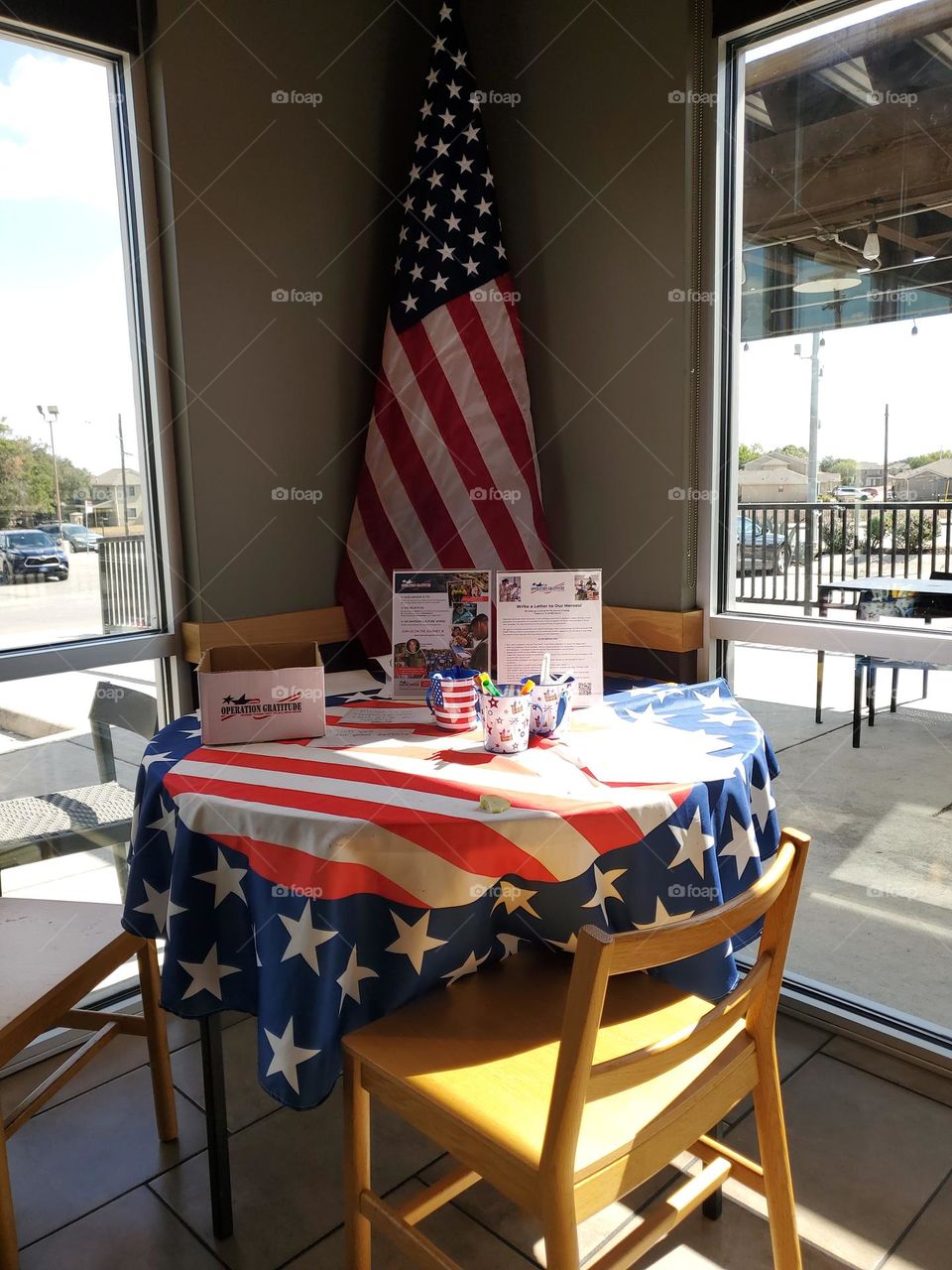 Operation Gratitude setup at a local coffee shop.  The USA has thousands of non profits started by everyday Americans because taking care of each other is important.