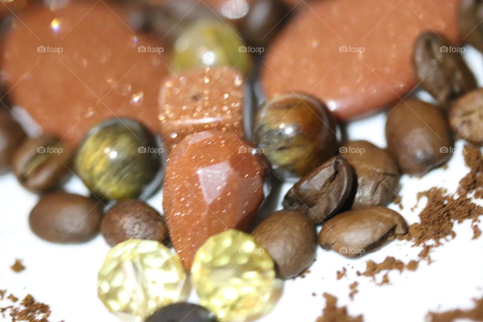 Semi-precious stones and coffee beans