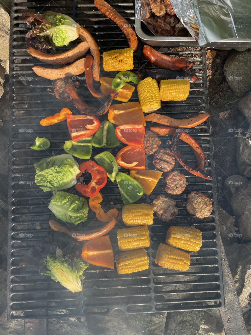 Barbeque vegetables and meat