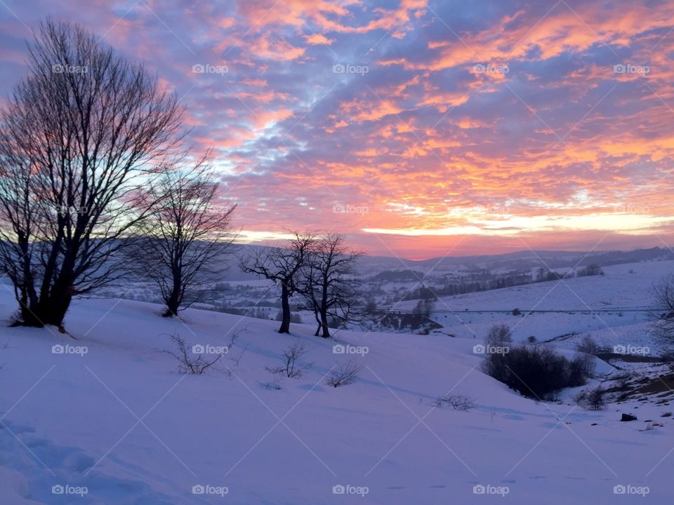 Sunset in the mountains in winter
