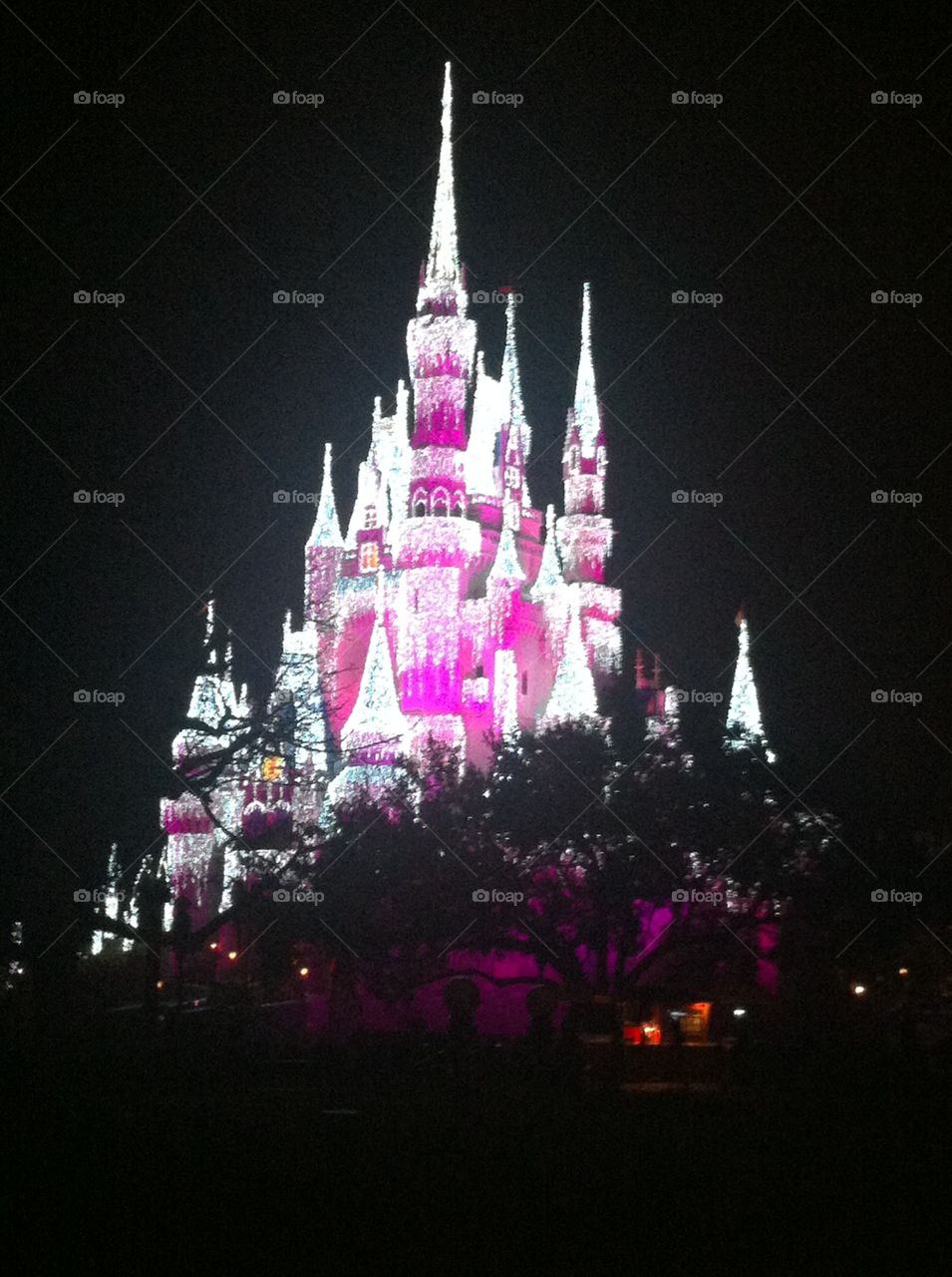 Disney castle pink color light sharp cone castle pretty night beautiful lighting 