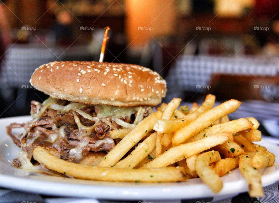 Beef melt sandwich and fries