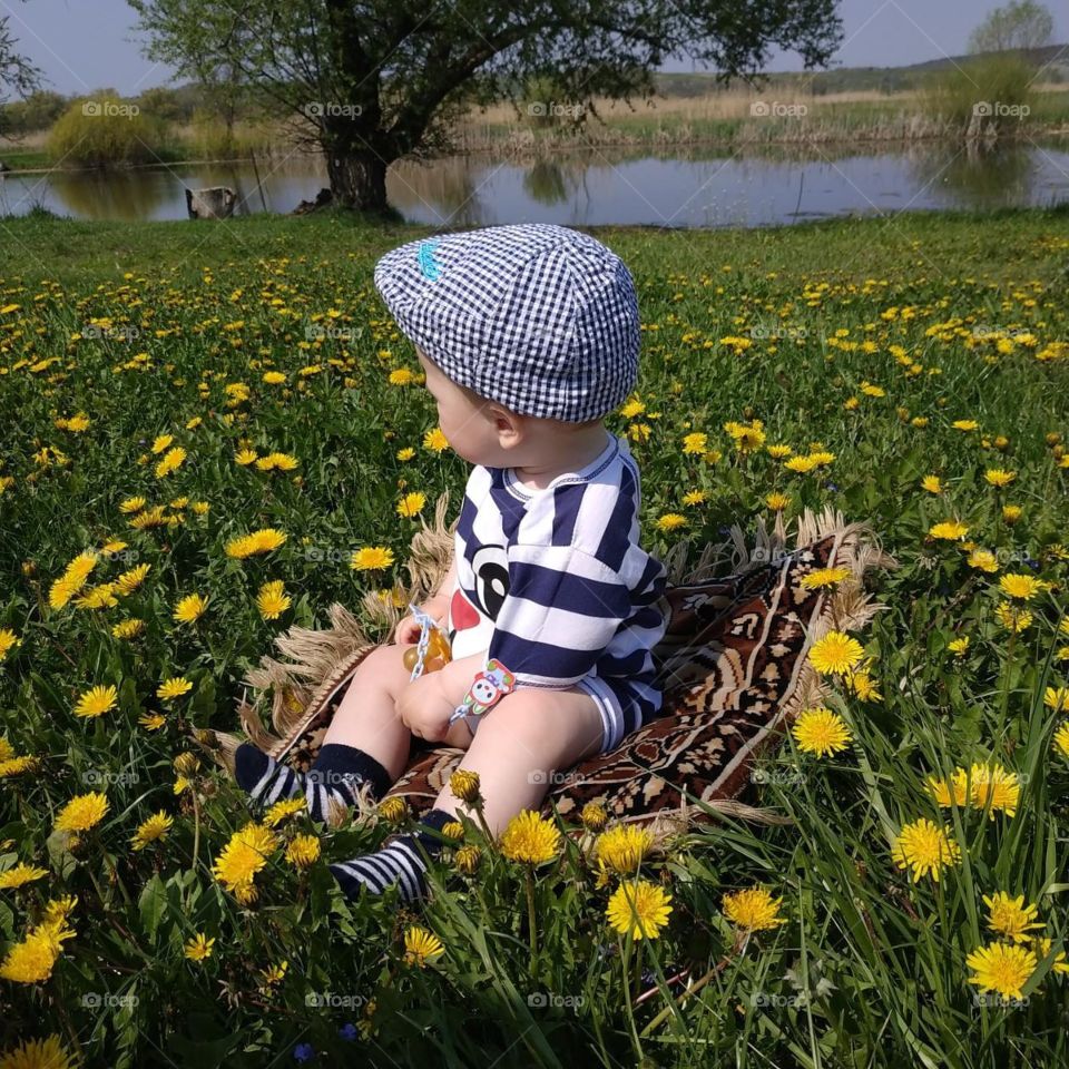Ребенок в одуванчиках. Чудесный малыш возле речки в солнечный день сидит в море одуванчиков.
