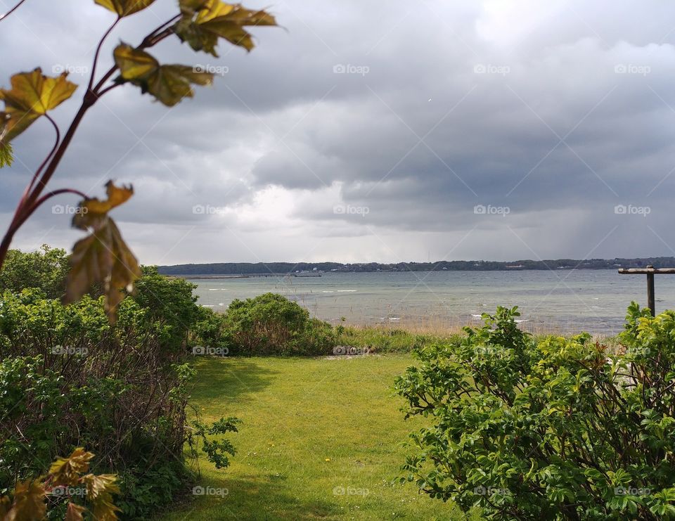 strand Ausblick wiese wasser regen Wolken