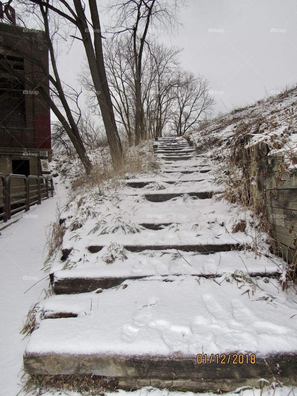Wooden steps covered in snow