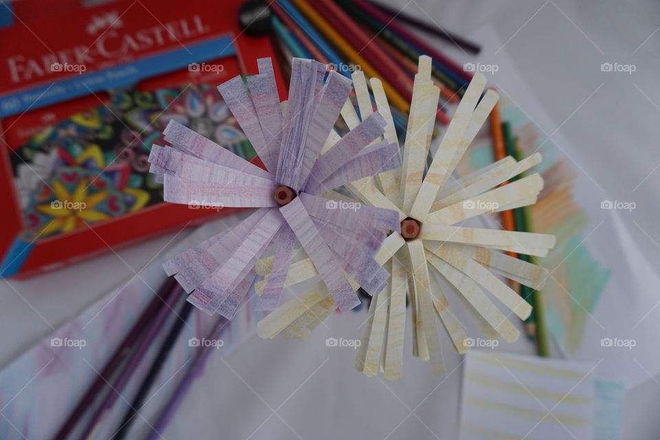 Pretty Colouring on hand made paper flowers using Faber-Castell pencils 