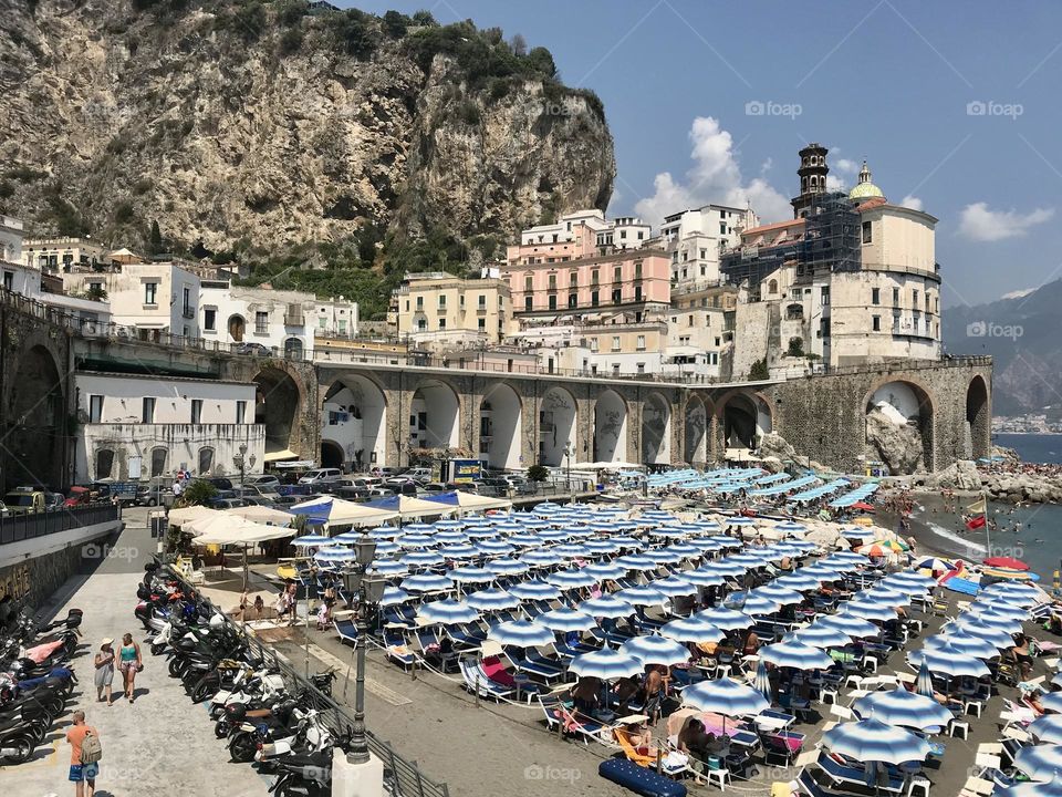 Summertime in Atrani on the Amalfi coast. A town built on the side of a cliff.