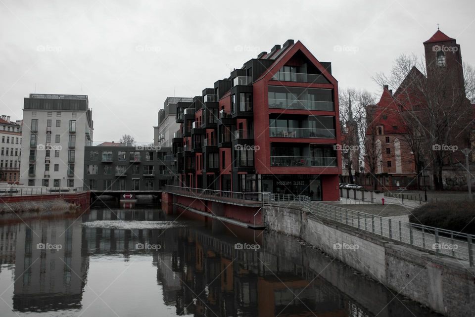 View of the river and city buildings in Wroclaw, Poland