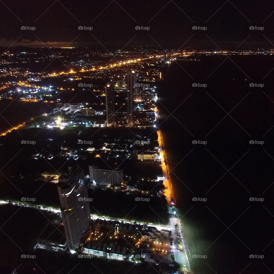 Pattaya Beach at night , Pattaya , Thailand . aerial view shot by drone 