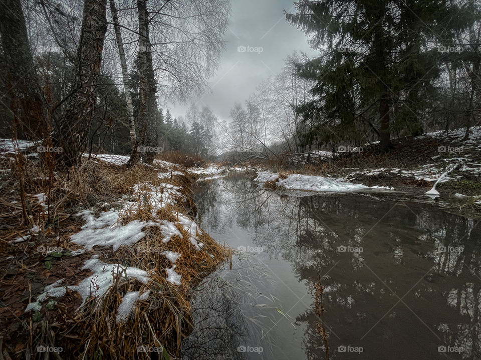 Winter landscape with small forest river