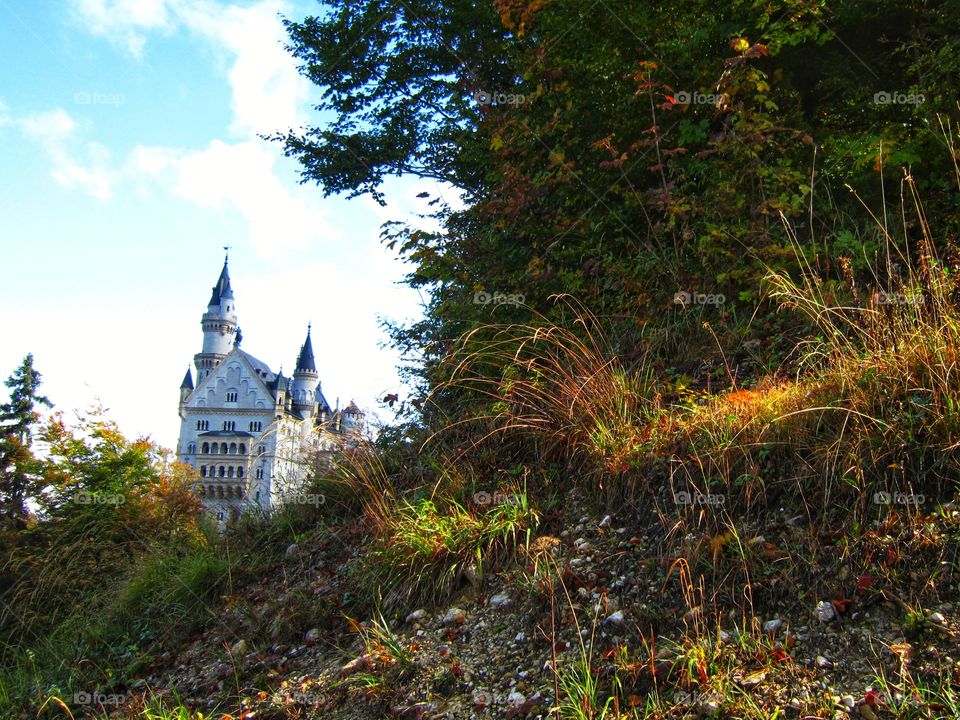 German fairytale castle built in the mountains. looks like a Disney castle