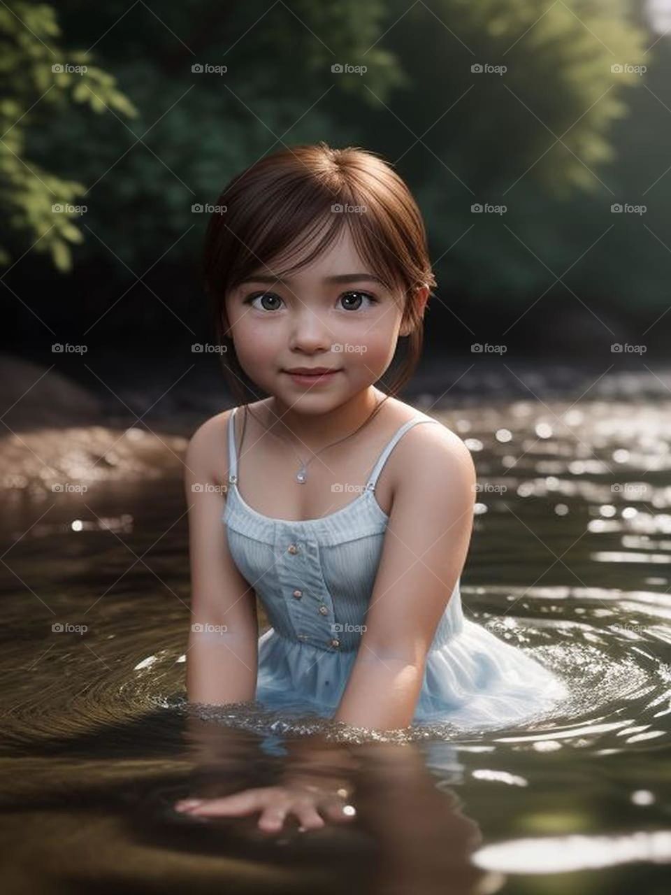 Beautiful little girl playing in the lake