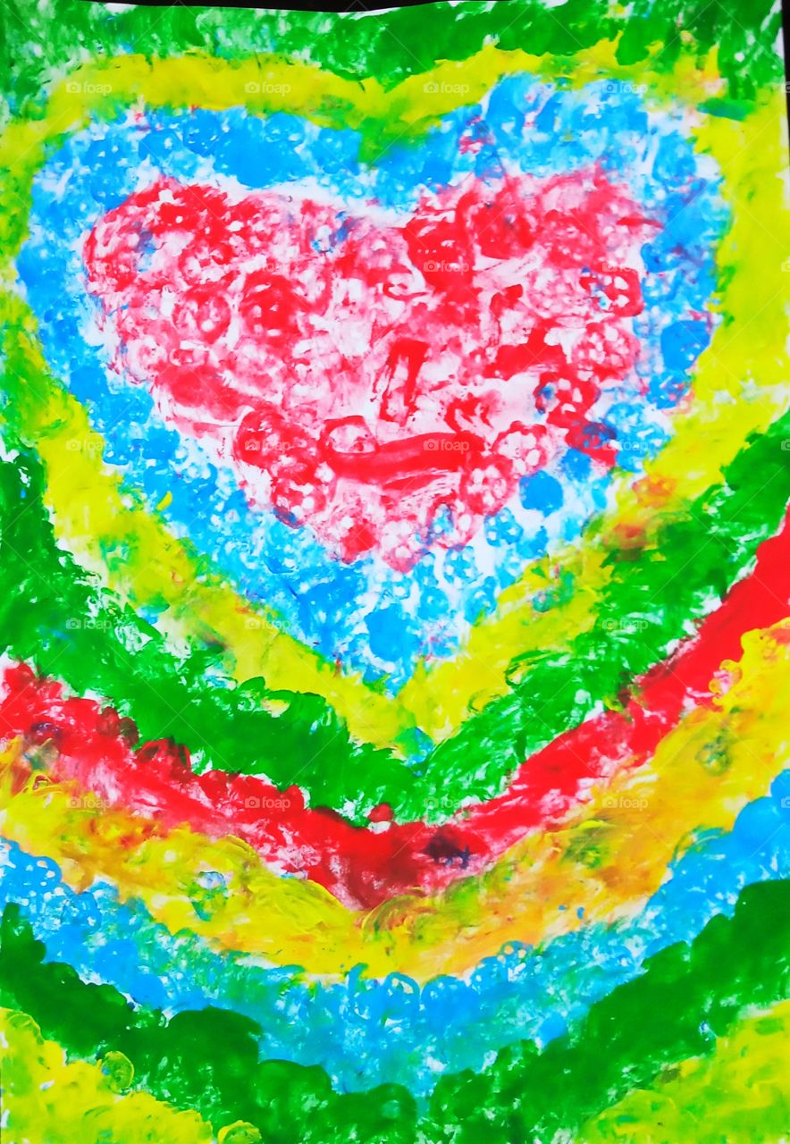 beautiful drawing of heart and colourful pattern using ladyfinger