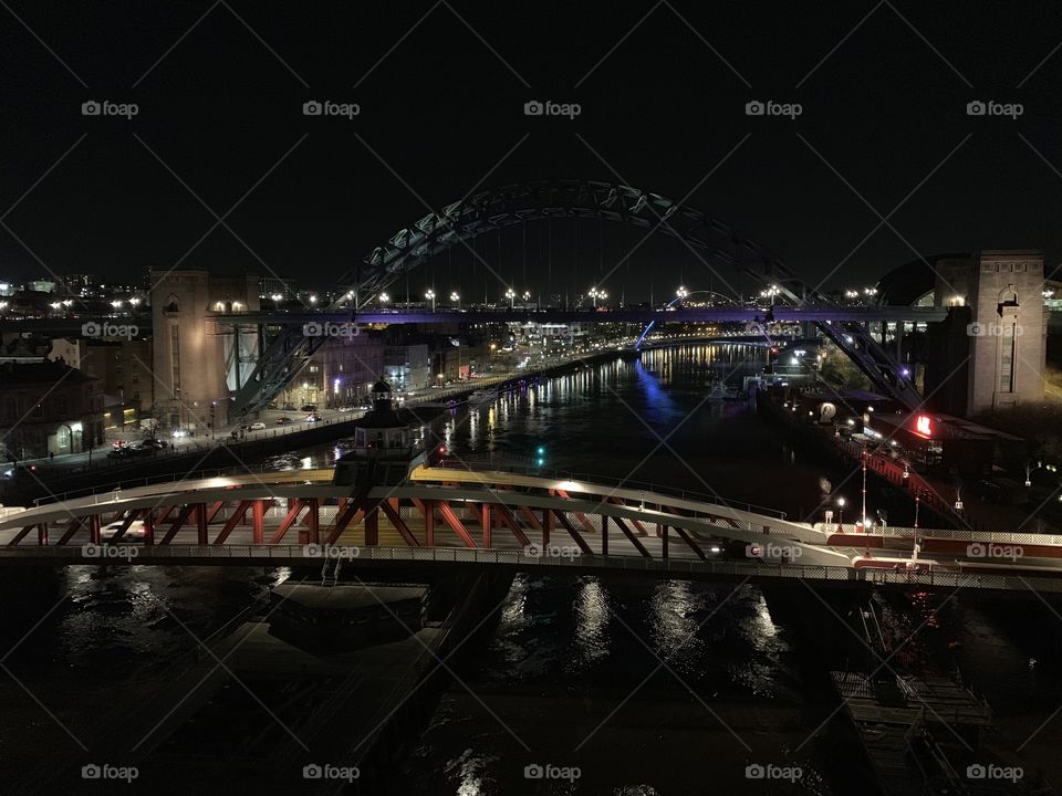 River Tyne, Newcastle from above at night. Bridges and lights