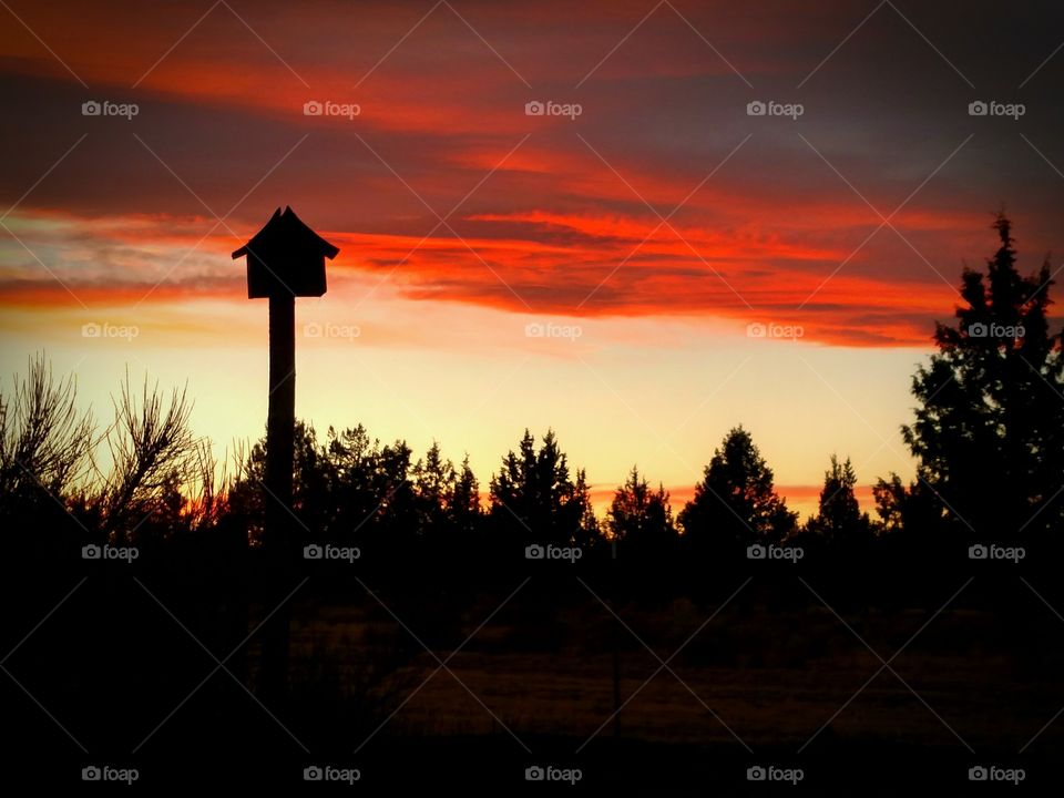 Sunset Over Central Oregon Crooked River Ranch And Birdhouse