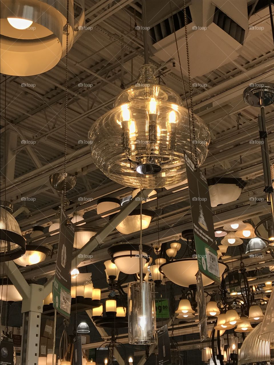 Lights hanging for sale in the hardware store 