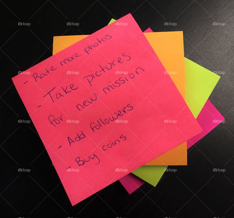 Daily foap participation tasks written out as a todo list on colorful square post it notes 