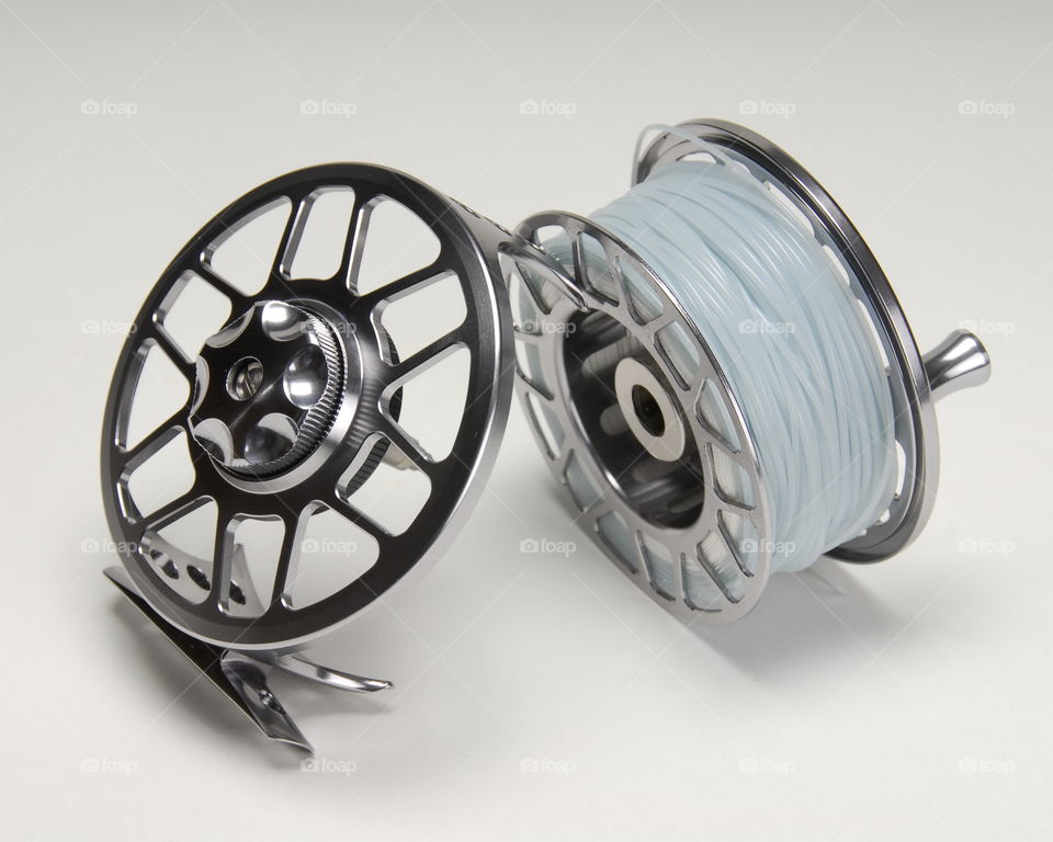 Studio photography white background, fishing line and custom reel