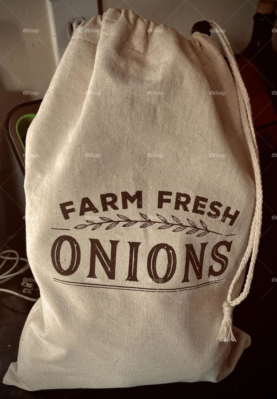 A vintage-looking bag of "Farm Fresh Onions” sits prominently on a kitchen countertop. The bag, made of burlap, and the lettering of is stamped in bold, rustic lettering add to the vintage kitchen scene.