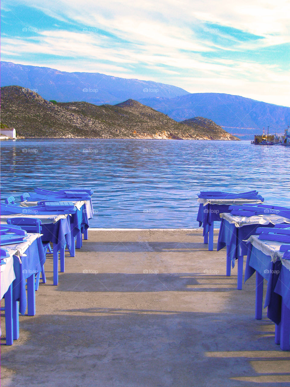 Blue tables in Castellorizo, Greek