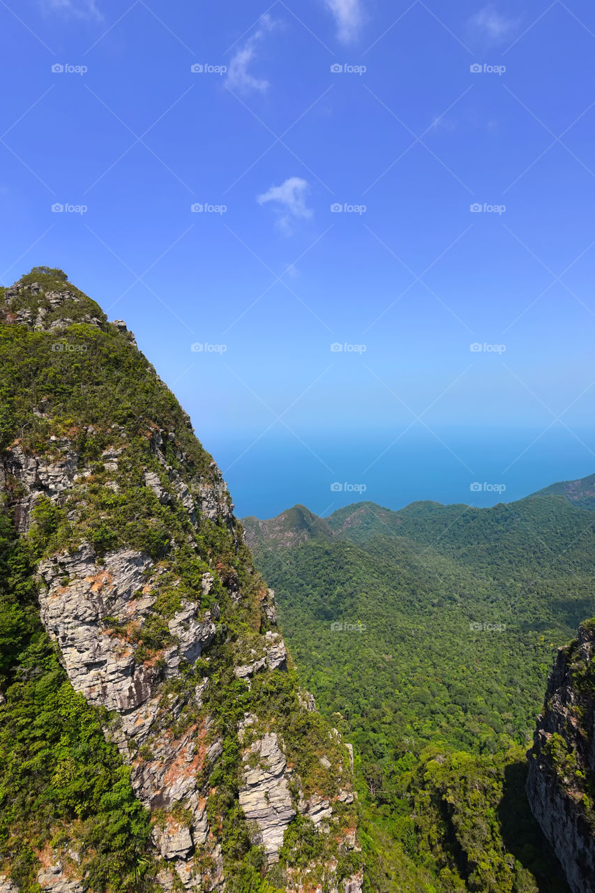 Ariel view of blue sky and sea from top mountain in Langkawi Island, Malaysia