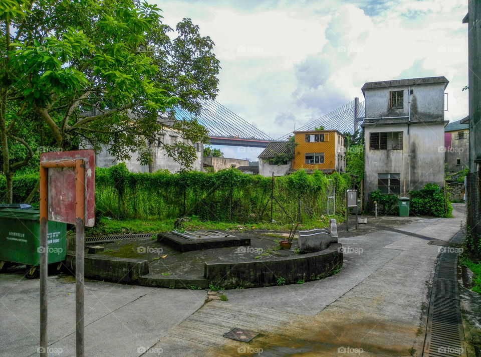 A square in the evicted fishermen village on Ma Wan Island, Hong Kong